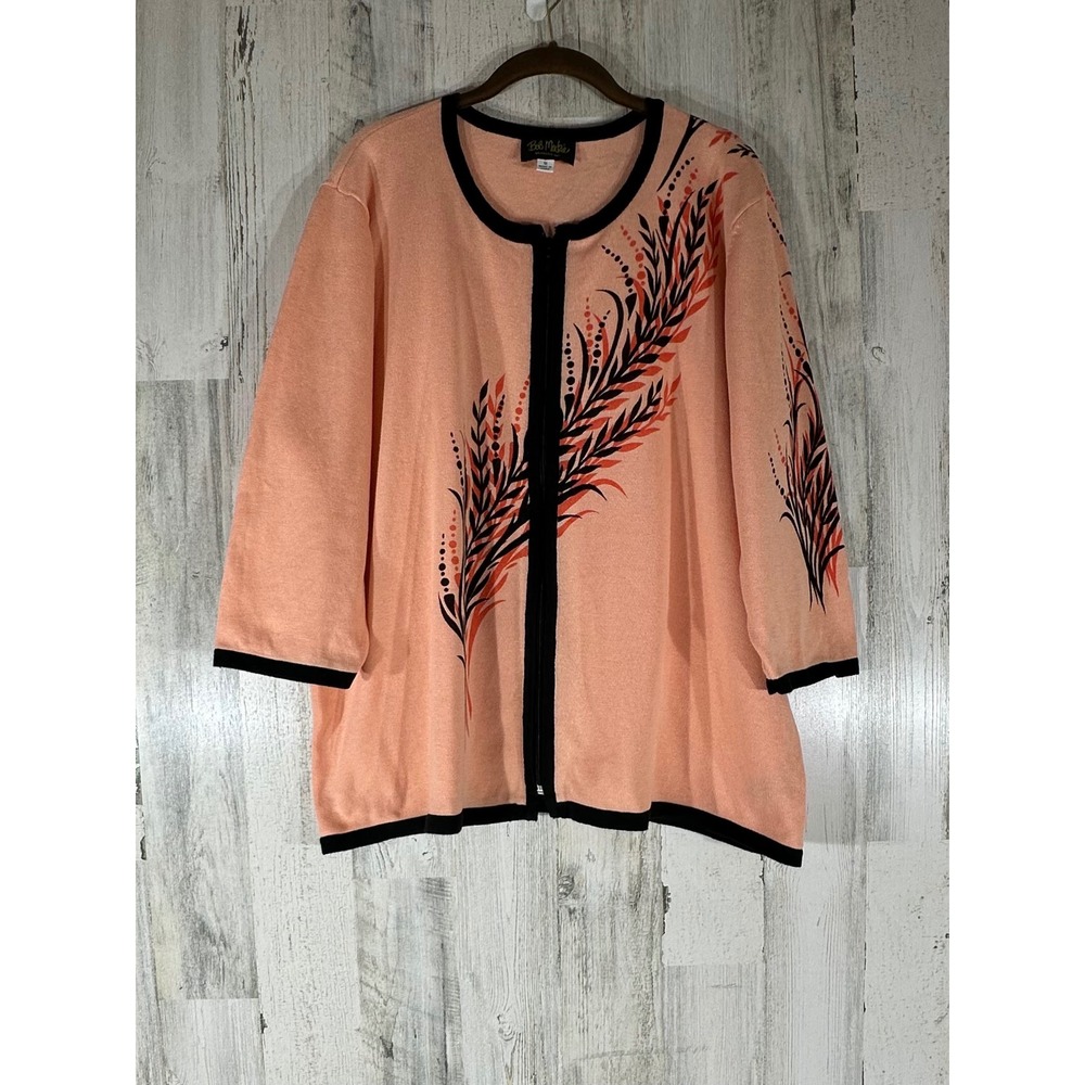 Bob Mackie Wearable Art Cardigan Sweater Size 1X Peach Feather Print Zip Front